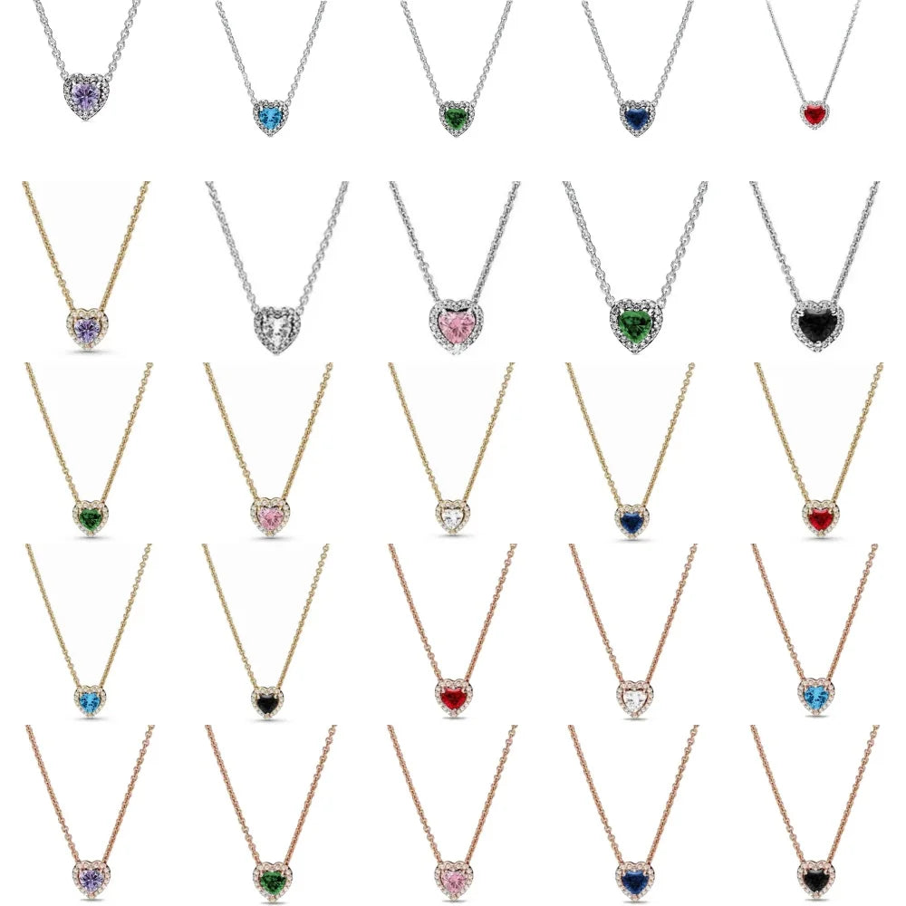 New 925 Sterling Silver Red Pink Green Heart-Shaped Necklace | Elegant Women’s Charm Jewelry for Valentine’s & Mother’s Day