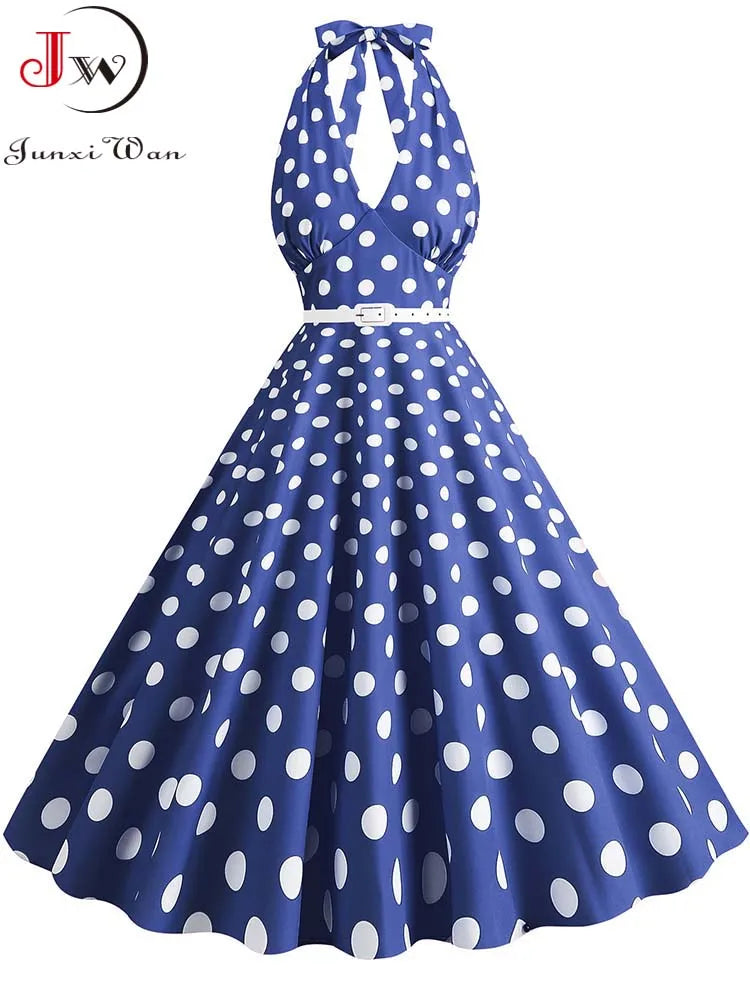 Women’s Vintage Halter Party Dress – Summer Polka Dot Midi Cocktail Prom Elegant Dress