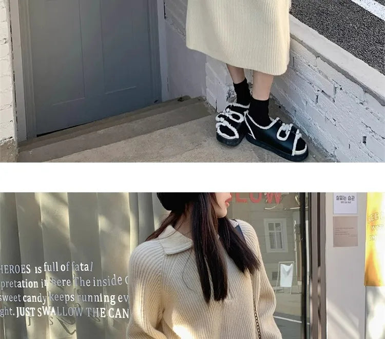 Autumn Winter Knitted Zipper Collar Dress for Women – Long Sleeve Loose Fit Pure Color H-Shape Casual Warm Dress