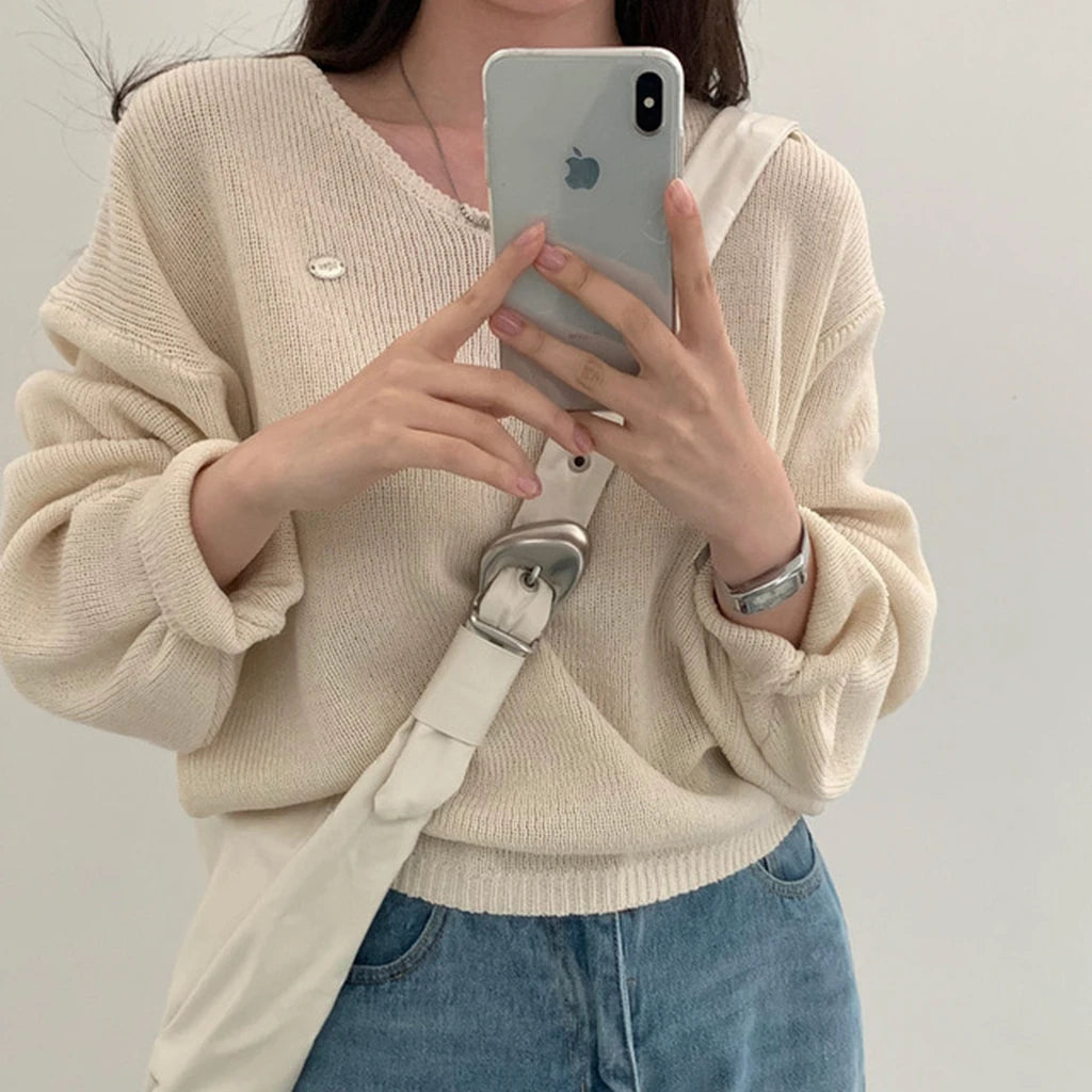 Loose Women’s Knitwear V-Neck Long Sleeve T-Shirt – Casual Comfortable Fashionable Autumn Top New Arrival