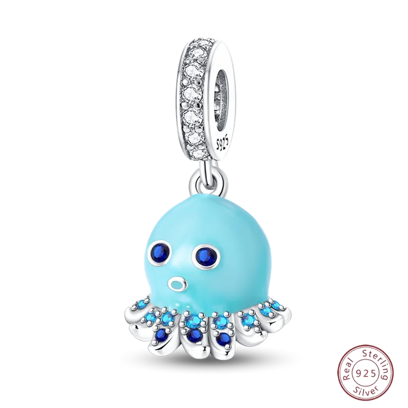 925 Sterling Silver Blue Zircon Ocean Shell Beaded Pendant | Fit Original 3mm Bracelet Women’s Fine Jewelry