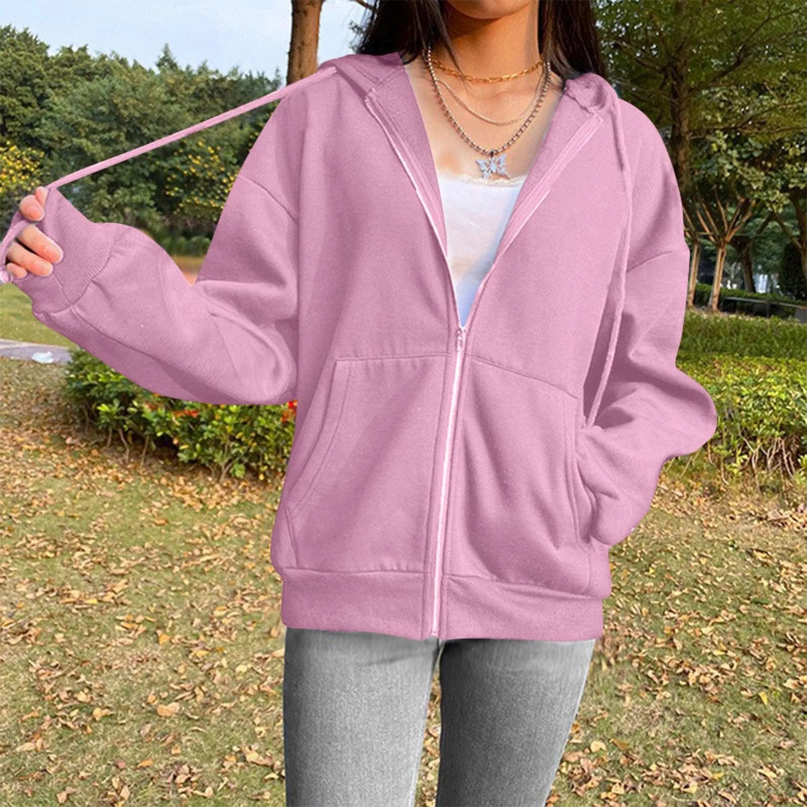Spring Autumn Women Solid Color Hooded Sweatshirt Coat | Zipper Pocket Hoodie Jacket | Casual Outerwear Femme