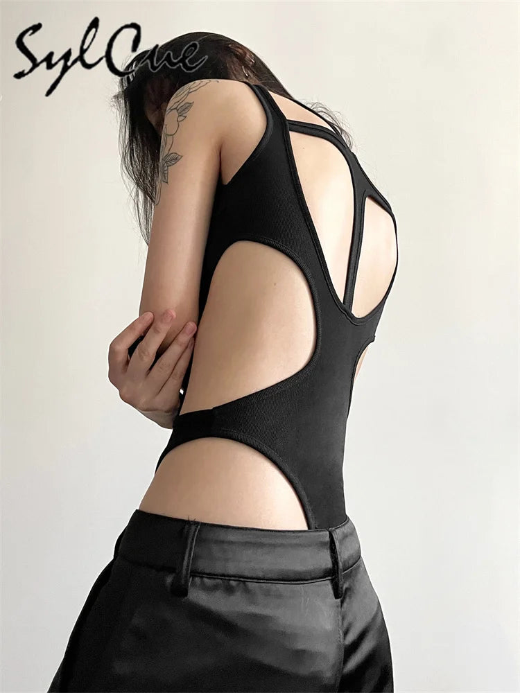 Sylcue Black Sexy Nightclub Jumpsuit – Hollow All-Match Trendy Women’s Tight Outfit 🌑✨