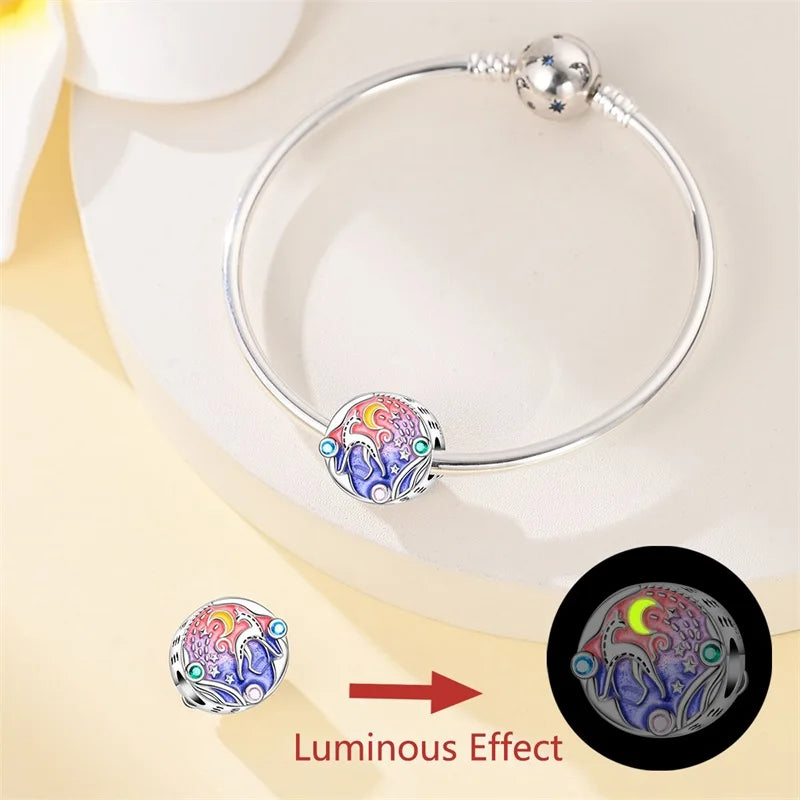 Original 925 Sterling Silver Luminous Lantern & Magic Cat Charm Bead | Glowing Angel Jungle Pendant for Bracelet Jewelry