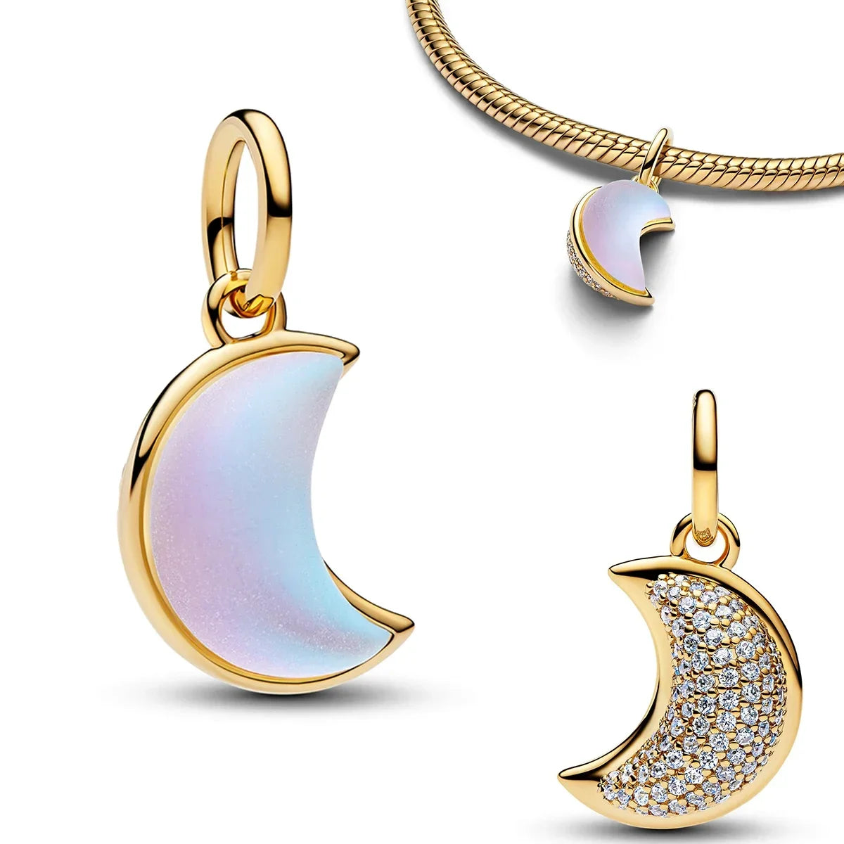 925 Sterling Silver Golden Round Necklace & Bow Earrings Set | Stars, Moon & Heart Charms Beads Women Jewelry Gift