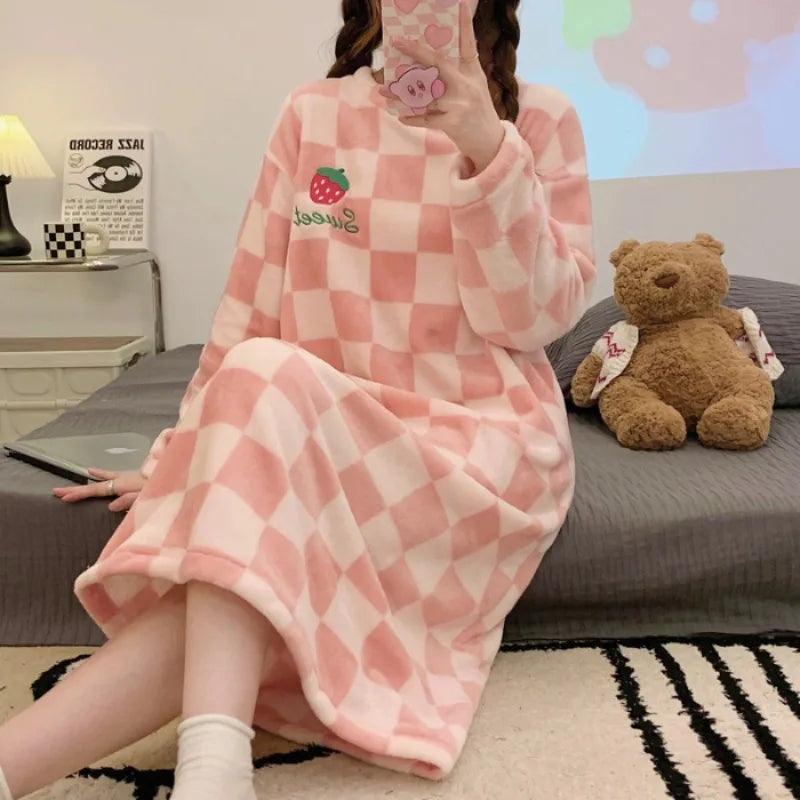 Ladies’ Nightwear Nightdress – Autumn Winter Coral Velvet Long Sleeve Plaid Striped Flannel Dress, Large Size