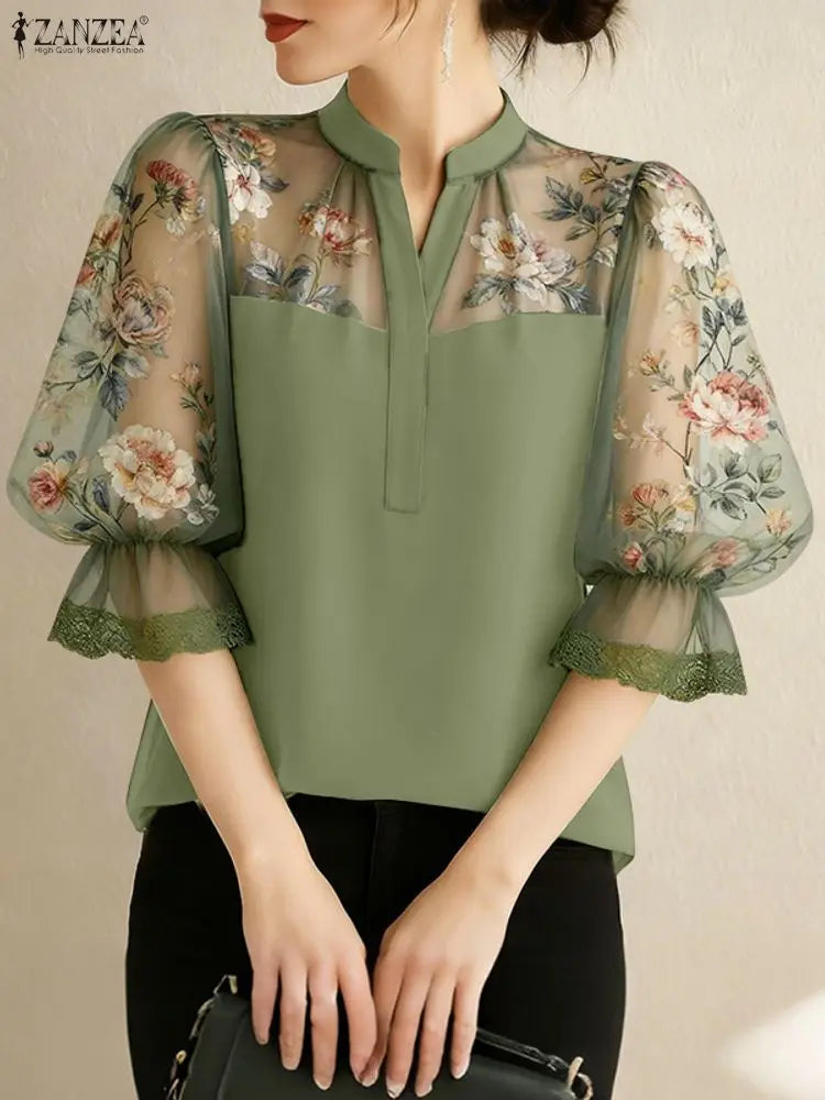 ZANZEA Elegant Women Floral Chiffon Blouse – V-Neck Patchwork Top with 3/4 Puff Sleeves & Lace Trim S-3XL 🌸👚