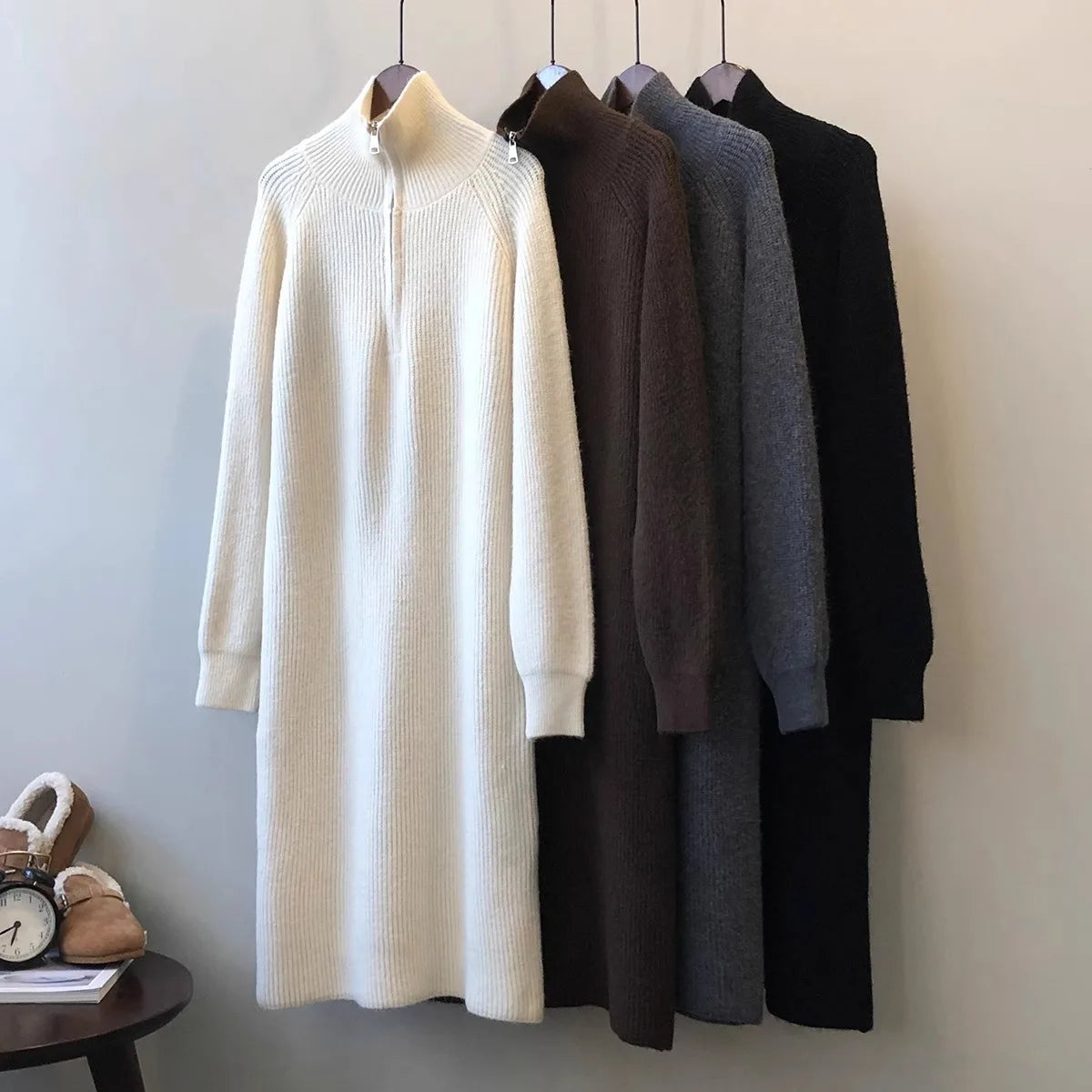 Thickened Long Sleeve Knitted Dress with Zipper Collar – Straight Tube Korean Style Winter Women’s Commute Warm Dress