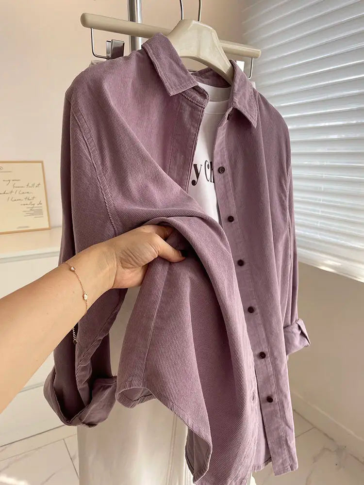 2025 Women’s Corduroy Purple Lotus Shirt | Loose Long Sleeve Casual Outerwear Top for Autumn