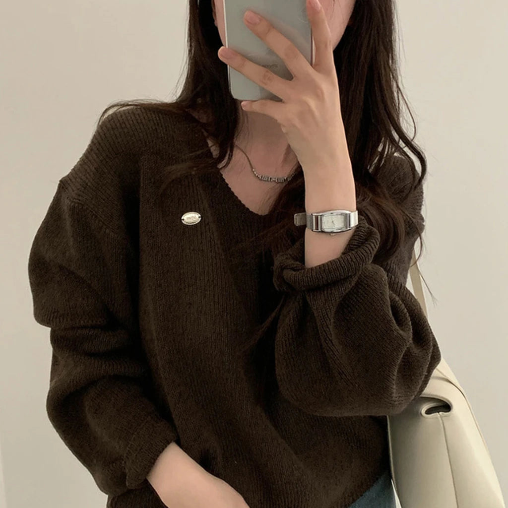 Loose Women’s Knitwear V-Neck Long Sleeve T-Shirt – Casual Comfortable Fashionable Autumn Top New Arrival