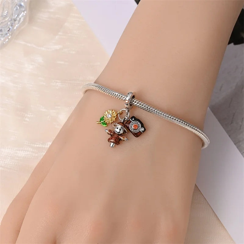 925 Sterling Silver Squirrel & Maple Leaf Charm | Shiny Zircon Autumn Beads Fit Pandora Bracelet DIY Jewelry