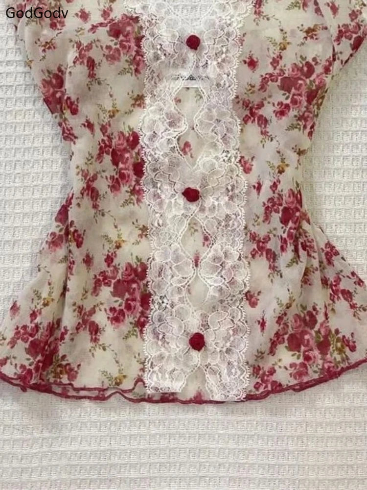2025 Summer Women’s Floral Halter Lace Blouse – Vintage Sexy Slim Fit Korean Fashion Top