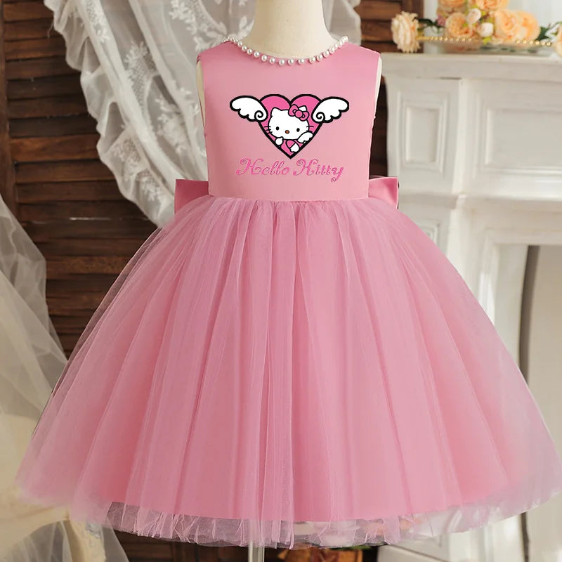 Hello Kitty Kids Pearls Elegant Princess Dress for Girls Backless Bow Baby 1st Birthday Baptism Tutu Gown Wedding Dress