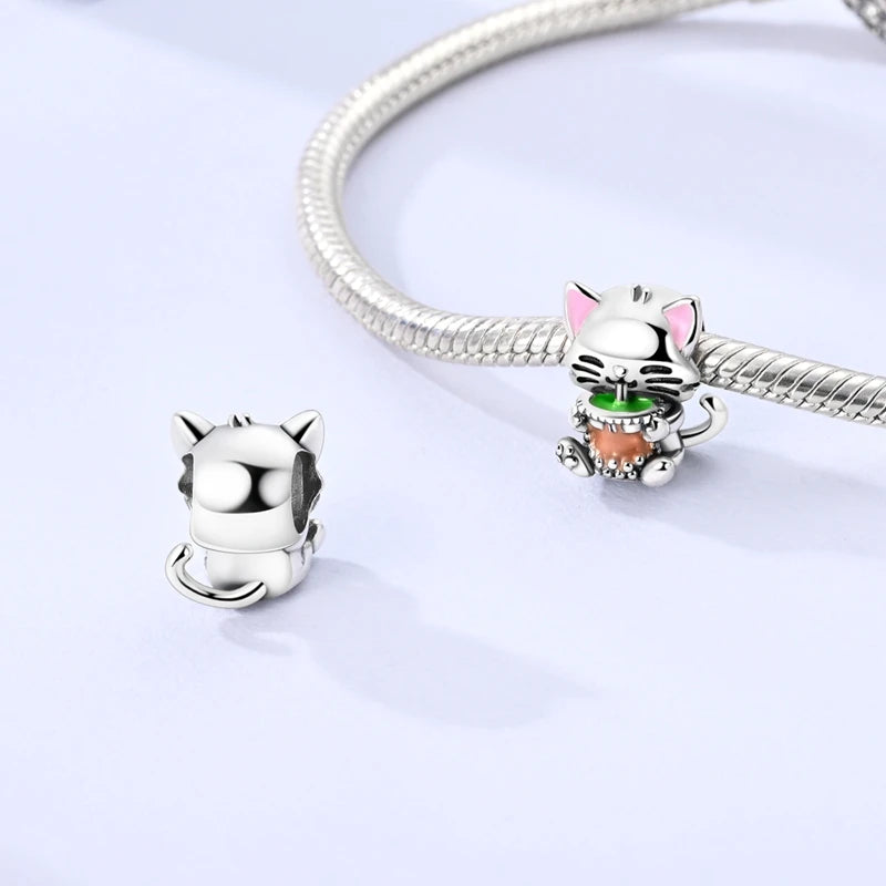 925 Sterling Silver Cute Cat Charm Beads | Paw Print Pendant for Original DIY Bracelets & Women’s Jewelry Gift