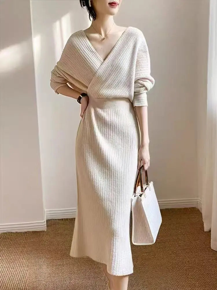 Loose V-ne Pure Color Knitted Long Dr Women's Fro Coat Sle Inner Wear Top Korean Sle Autumn Winter New Arrival