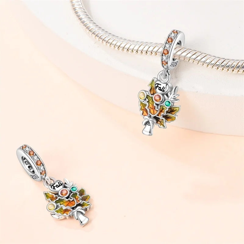 925 Sterling Silver Squirrel & Maple Leaf Charm | Shiny Zircon Autumn Beads Fit Pandora Bracelet DIY Jewelry