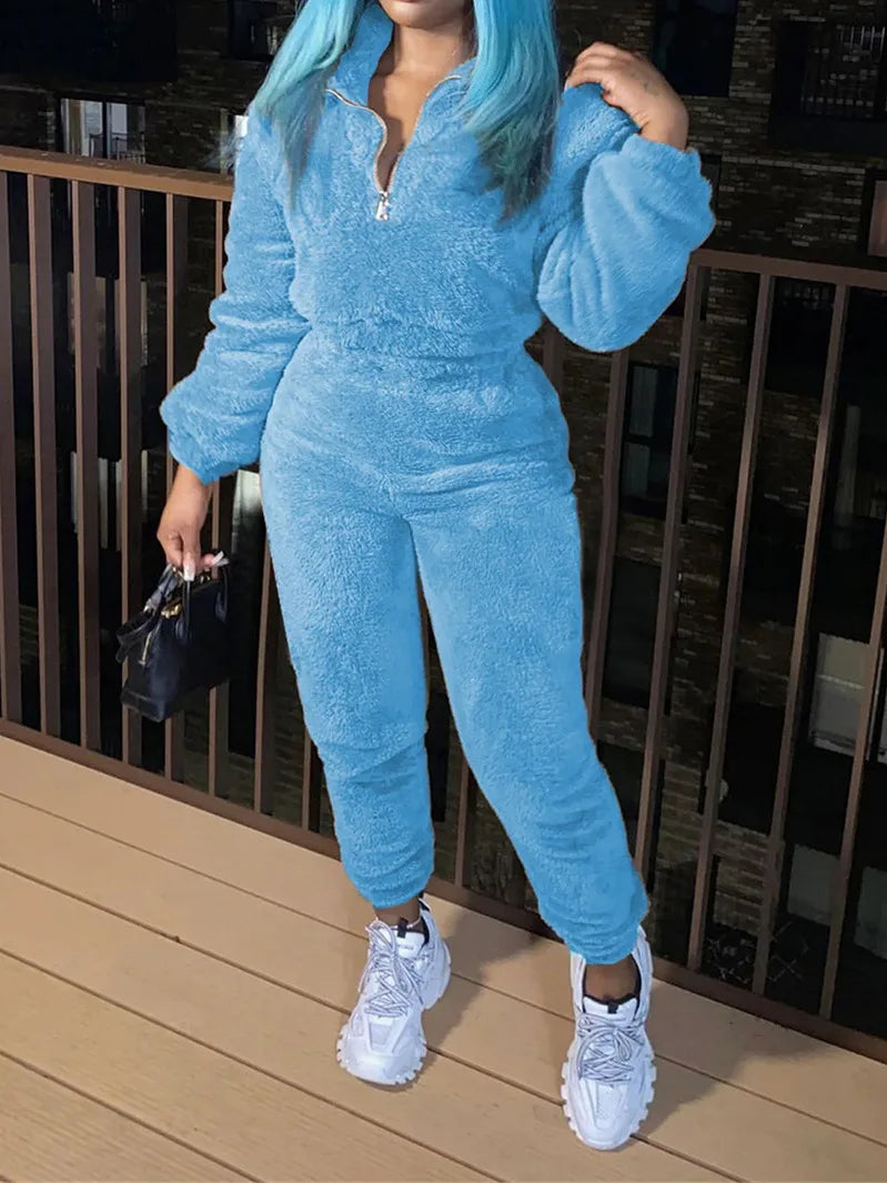 Winter Plush Two-Piece Set for Women – Warm Zipper Lapel Pullover & Elastic Waist Trousers Casual Home Suit ❄️✨