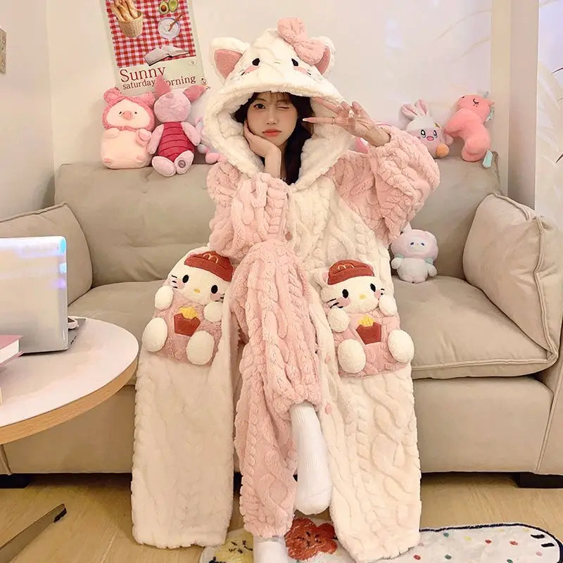 Kawaii Sanrio Hello Kitty Velvet Pajamas Set | Cute Cartoon Nightgown & Bathrobe | Girls & Couples Soft Home Wear