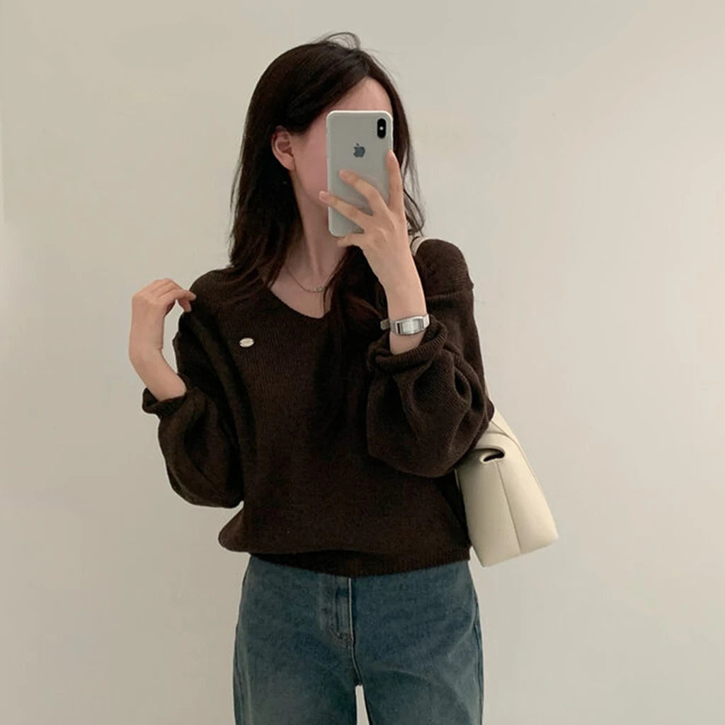 Loose Women’s Knitwear V-Neck Long Sleeve T-Shirt – Casual Comfortable Fashionable Autumn Top New Arrival