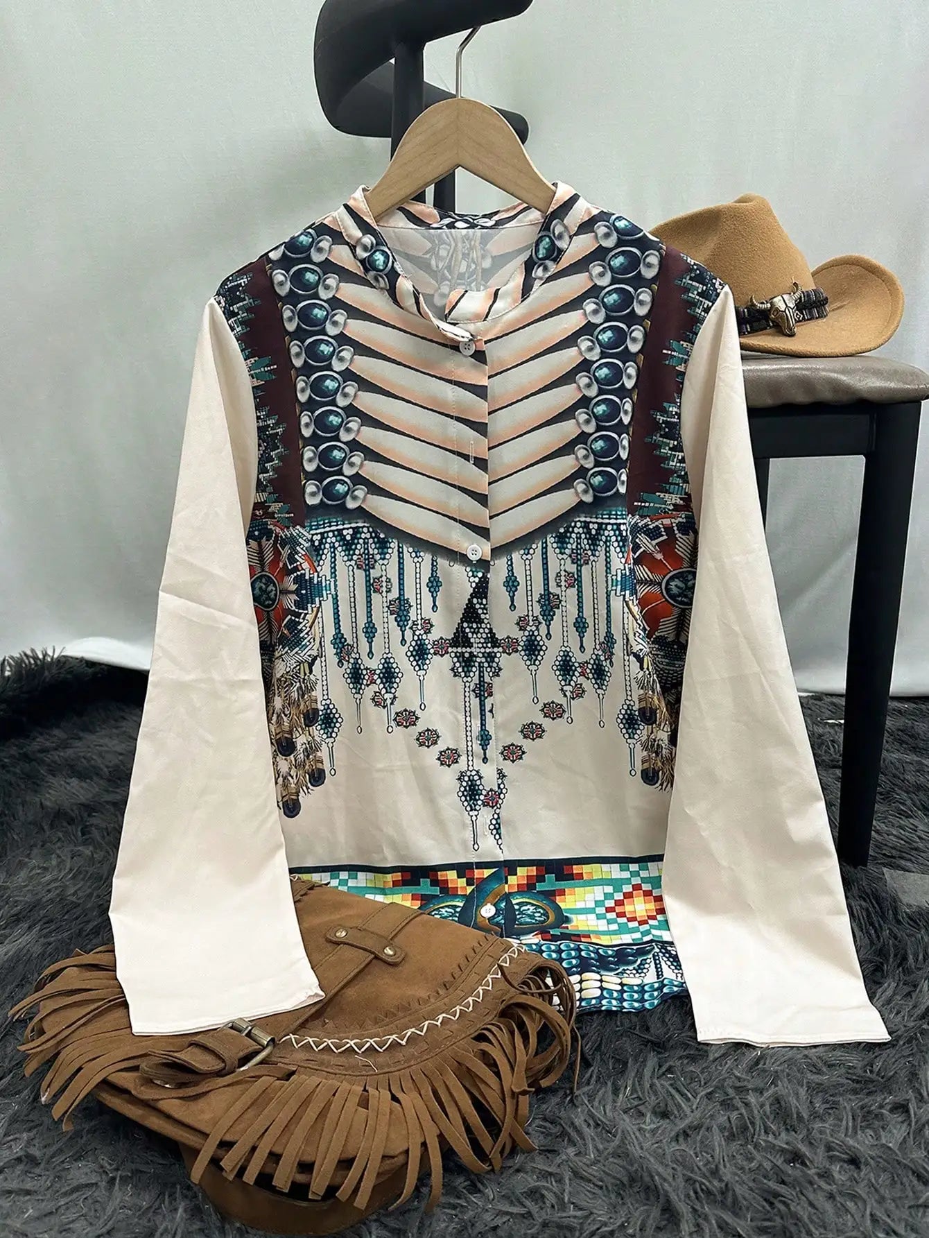 Women's Western Ethnic Print Shirt – Sexy Casual Slim Long Sleeve Holiday Style Top 🌿💃