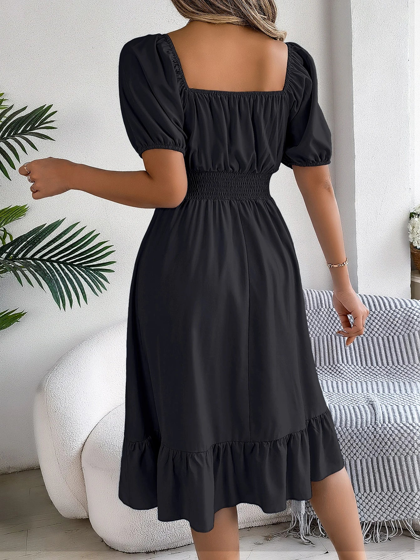 2026 Women’s Elegant High-Waisted Dress – Square Neck, Short Sleeve, Ruffled Edge Long Dress | Spring Summer Valentine’s Day