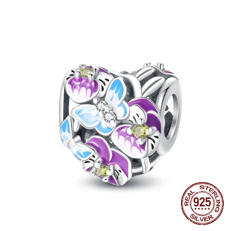 925 Sterling Silver Purple Flower & Butterfly Dangle Charm | Bead for 4MM Bracelet or Necklace DIY Jewelry Gift