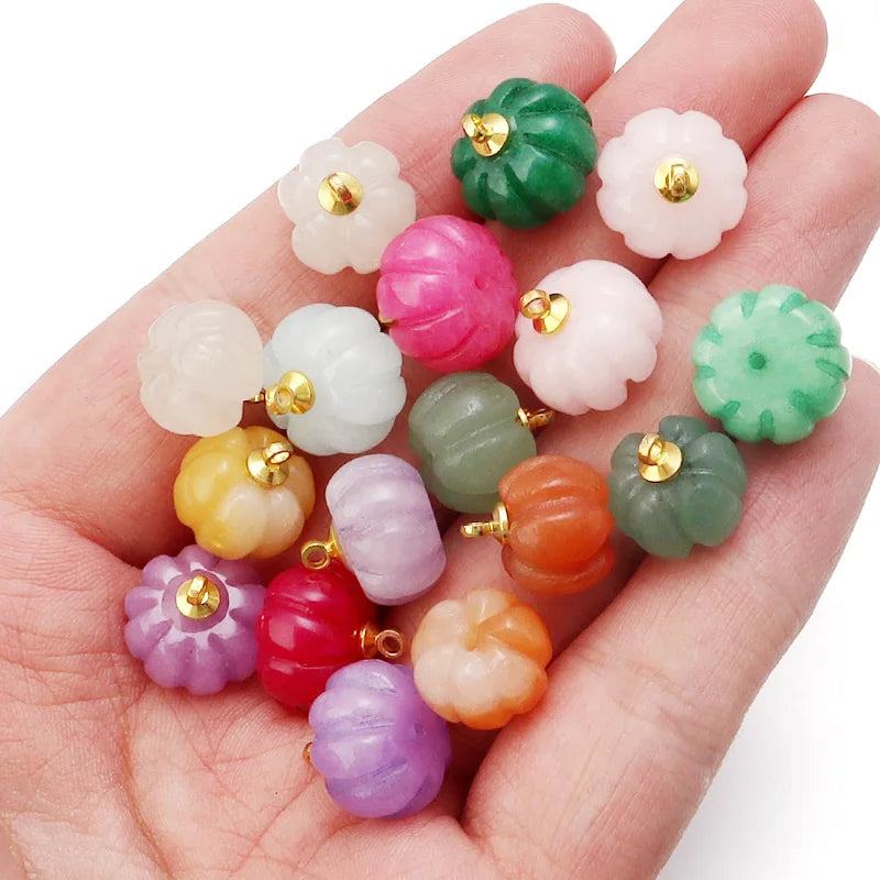 5pcs Natural Stone Pumpkin Pendants | Rose Quartz & Green Aventurine Charms for DIY Jewelry Making