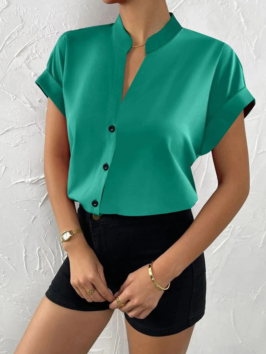 Women’s Summer V-Neck Blouse 2024 – Solid Color Short Sleeve Button Office Top 👚☀️