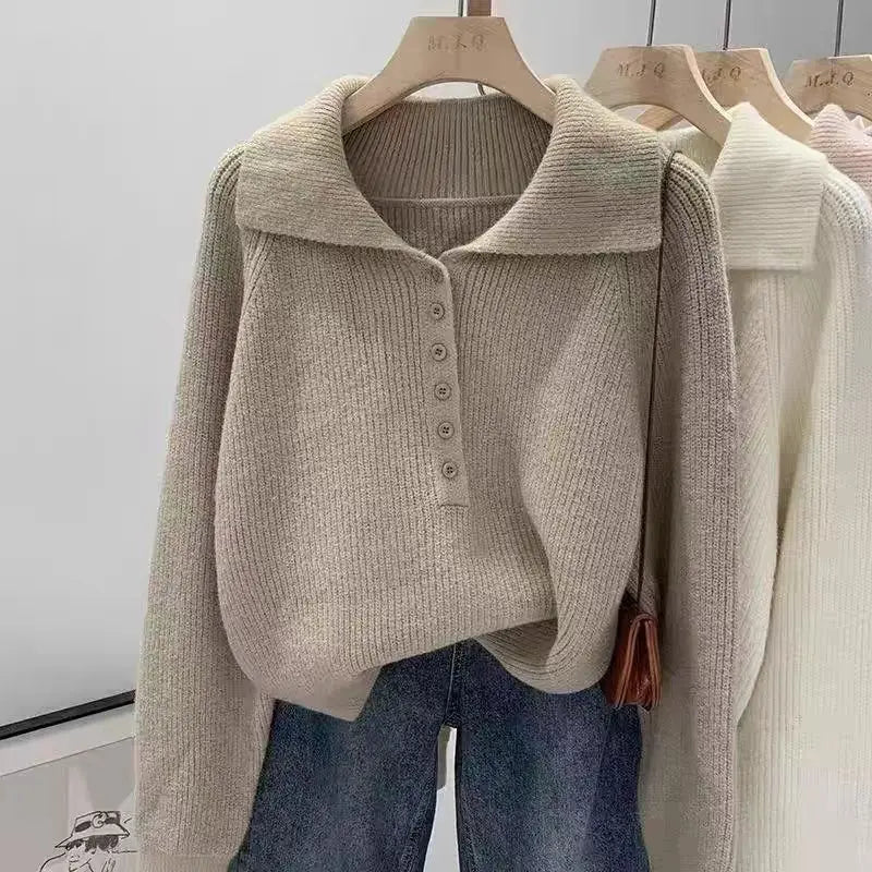 Pink Lazy Korean Style Big Collar Sweater – Women’s Autumn Winter Slim Soft Knitted Top | Sweet Loose Fit Versatile Knit