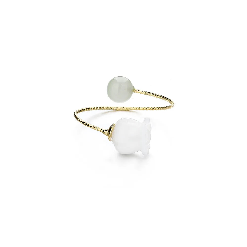 PANJBJ 925 Sterling Silver Hotan Jade Geometric Adjustable Ring | Retro Delicate Jewelry Gift for Women