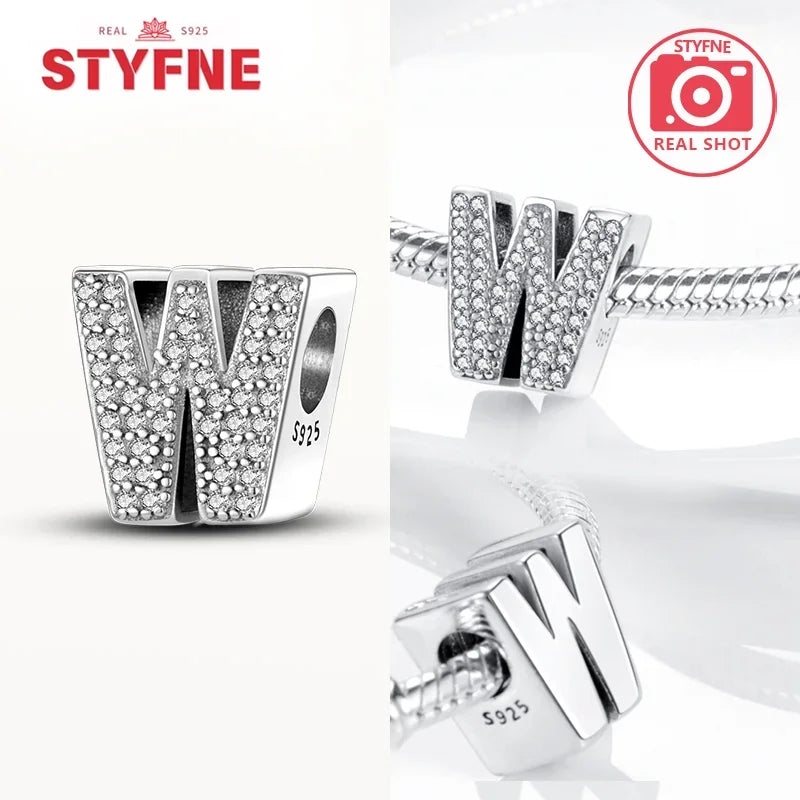 925 Sterling Silver Alphabet Letter Charm Beads with Shiny Zircon – A-Z Initial Beads for Pandora DIY Bracelet & Women’s Jewelry
