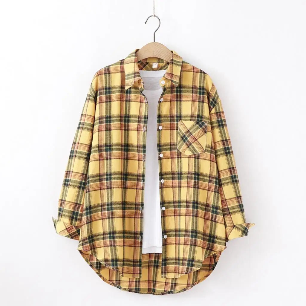 Fresh Flannel Plaid Shirt for Women | 2025 Loose Cotton Long Sleeve Casual Blouse & Top