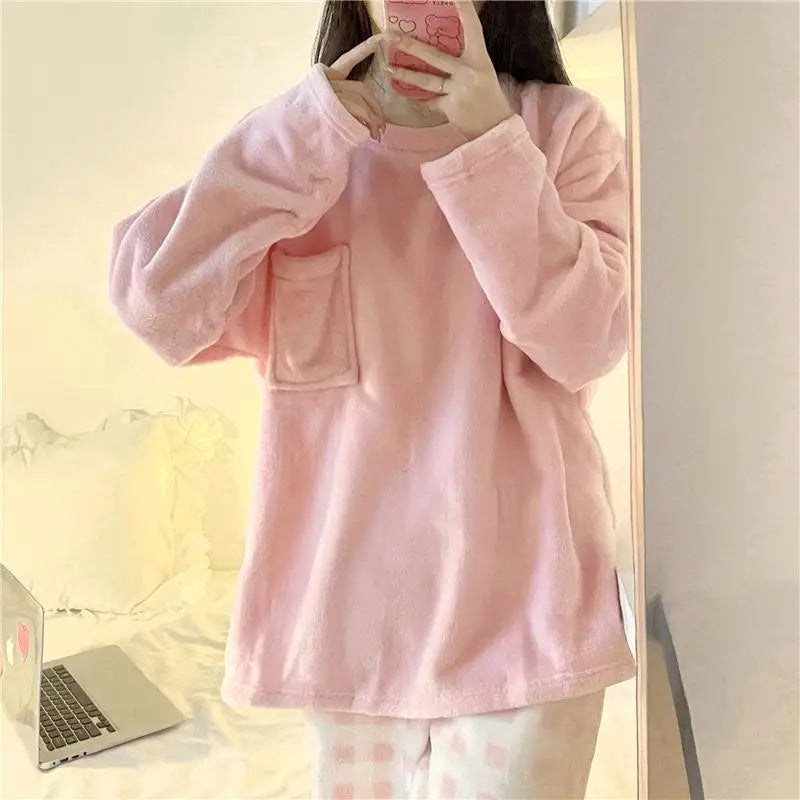 ❄️ Fleece Thick Warm Women’s Pajamas Set 🛌 Soft Winter Sleepwear | Cozy Solid Top & Plaid Pants Pijamas Home Suit ❤️