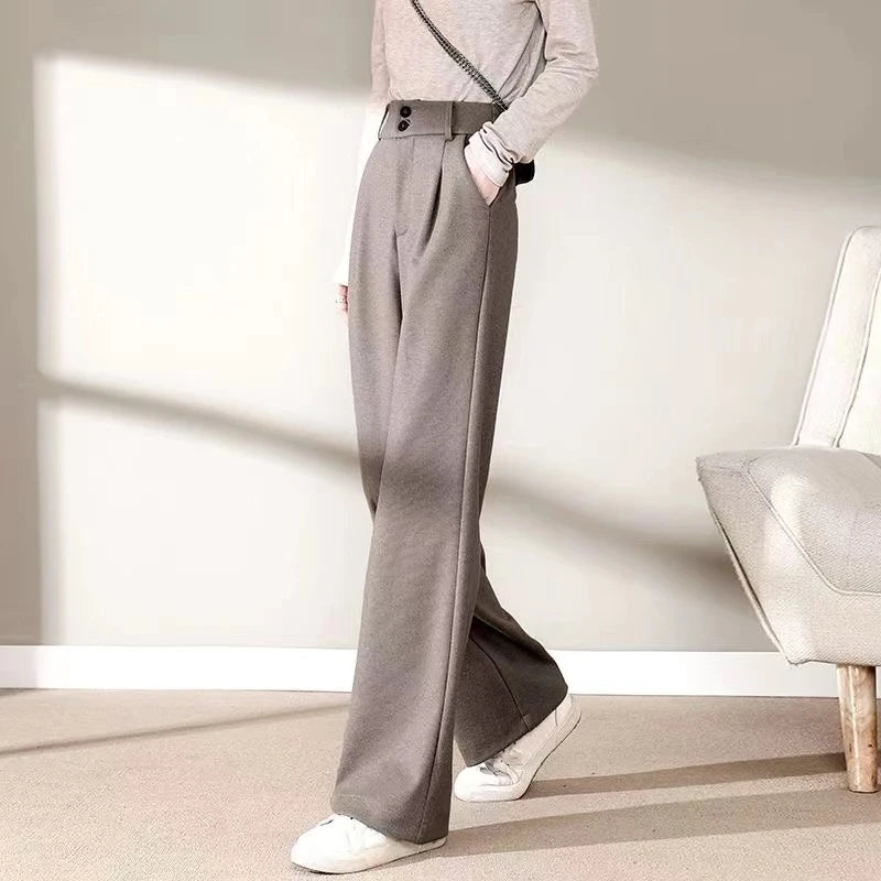 2024 Autumn Winter Women’s Woolen Wide Leg Pants – High Waist Thick Draping Trousers