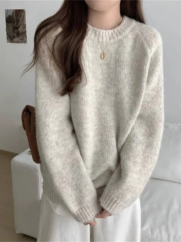 Women’s Round Neck Long Sleeve Knitted Sweater – Loose Fit Comfortable Autumn Winter Casual Inner Wear Top