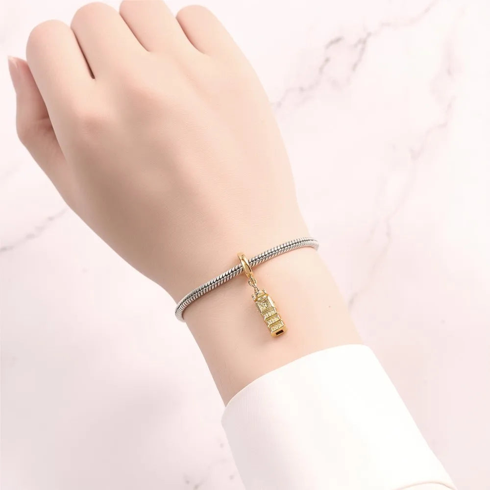 925 Sterling Silver Golden London Big Ben Charm Pendant | Travel Series Bead for Women DIY Bracelet Jewelry Gift