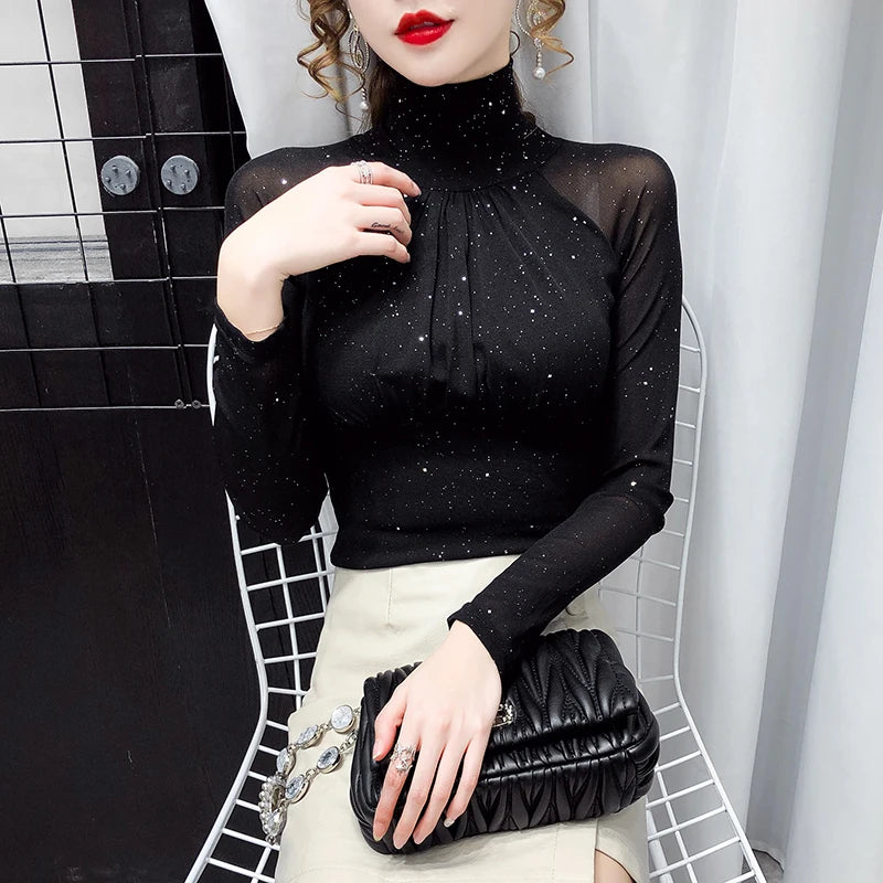 Korean Fashion Women’s Mesh High Neck Top – Sexy Black Silk Casual Bottoming Shirt 🌿✨