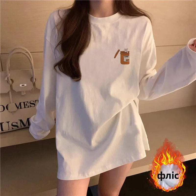 Women’s Long Sleeve Cotton T-Shirt | Fleece-Lined White Base Layer | Loose Fit Autumn Inner Wear