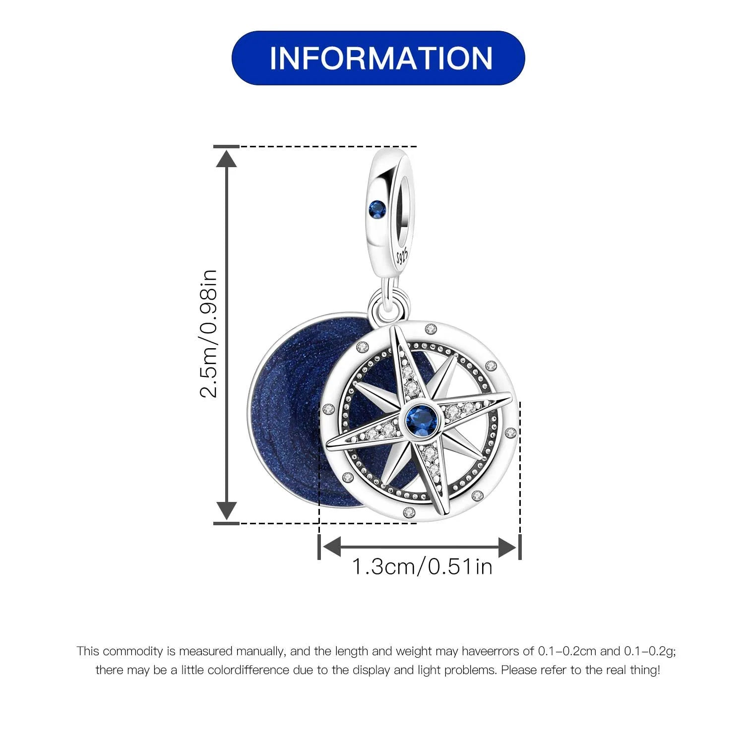 925 Sterling Silver Blue Star Compass Charm Pendant | Fit Bracelet DIY Jewelry Gift for Women