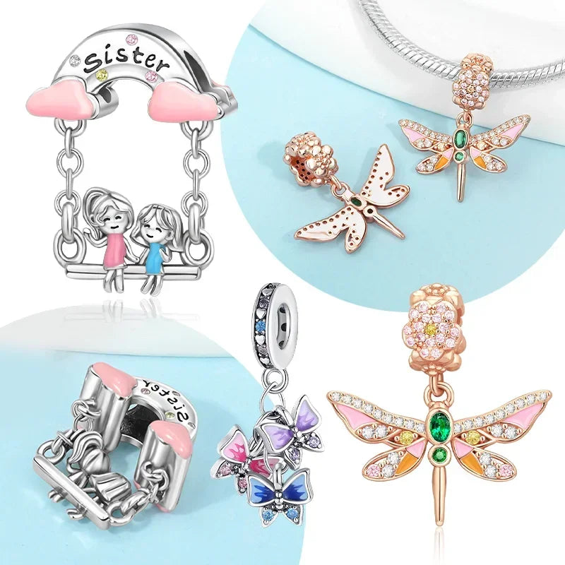 925 Sterling Silver Forever Sister Butterfly Charm | Colorful Bead Fit Pandora Bracelet | Women’s Jewelry Gift