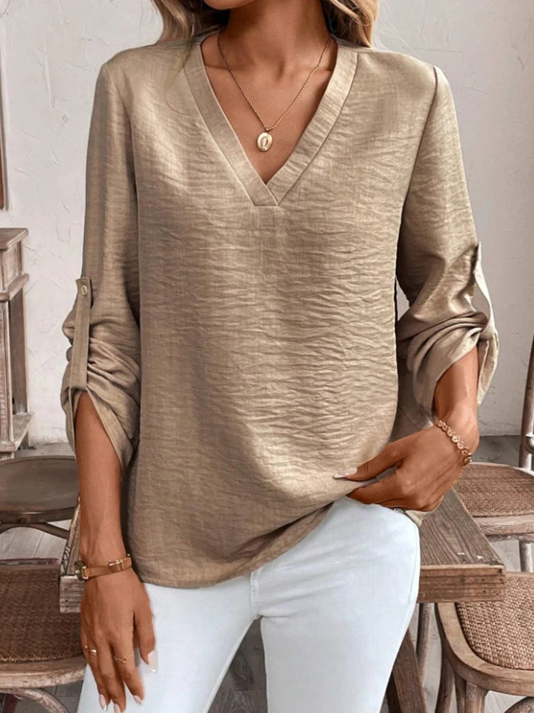 Ladies Elegant Simple V-Neck Commute Shirt – Pure Color Cuffed Sleeve Office & Casual Fashion Top ✨👔