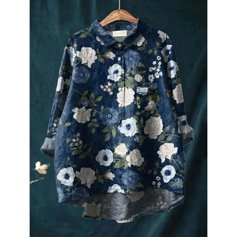 Women’s Cat Print Casual Long Sleeve Shirt – Stand-Up Collar Vintage Indian Ethnic Style Top