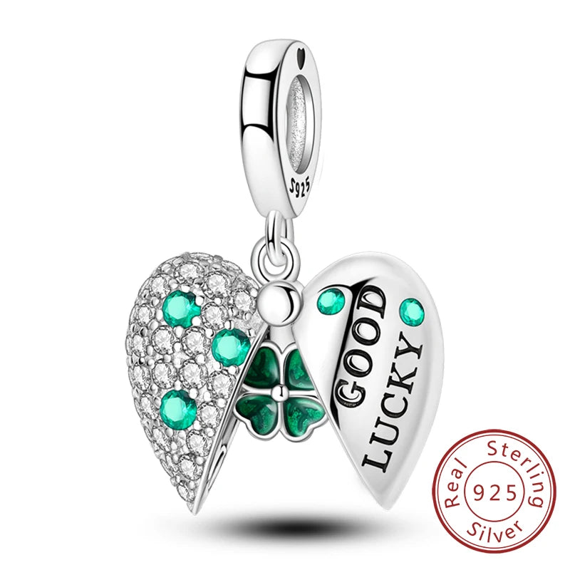 New 925 Sterling Silver Four-Leaf Clover Green Charm Bead | Lucky Pendant for Original Bracelet Jewelry Gift