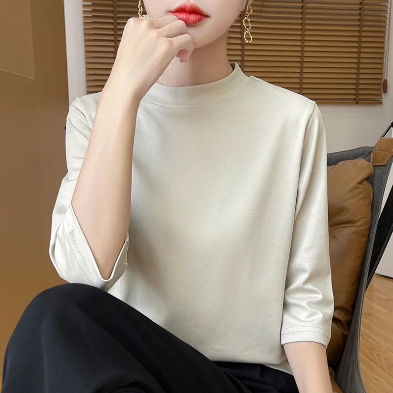 Women’s Cotton T-Shirt | Semi-High-Neck Cropped Sleeve Top | Loose Solid Color Summer & Autumn Bottoming Tee