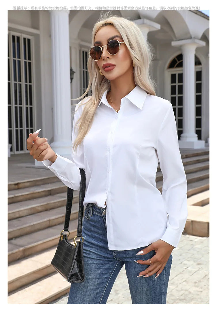 Women’s Solid Color Long Sleeve Shirt – Spring Autumn Casual Turn-Down Collar Loose Top