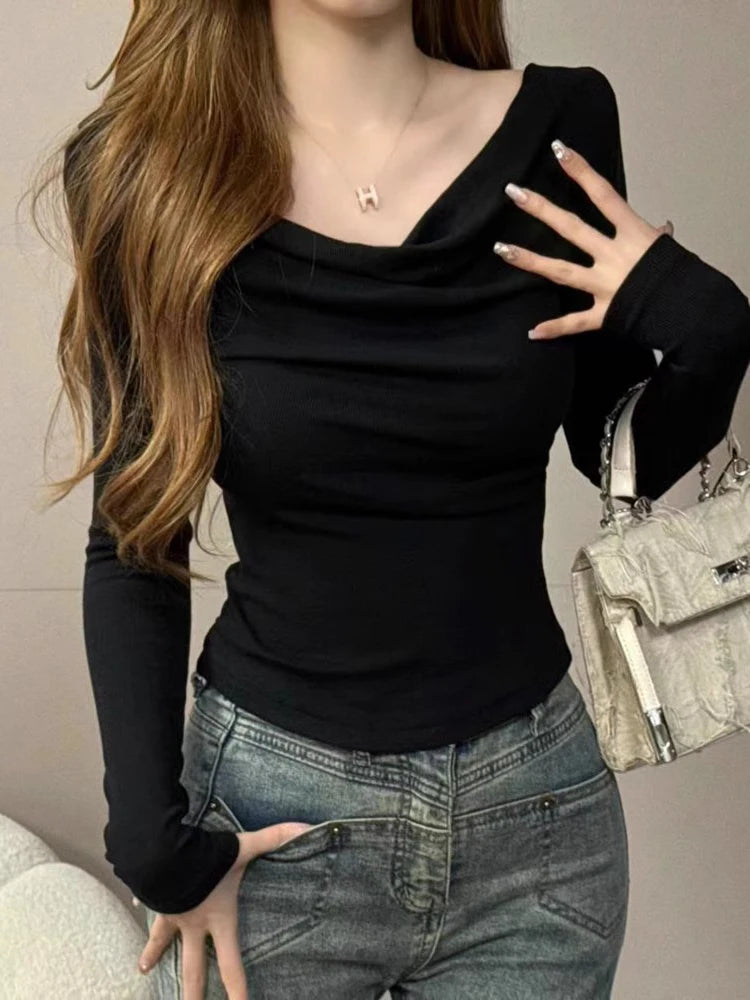 Spicy Girl One-Shoulder Long Sleeve T-Shirt for Women – Slim Fit Knitted Cotton Inner & Outer Wear Top | INS Youth Commute Style