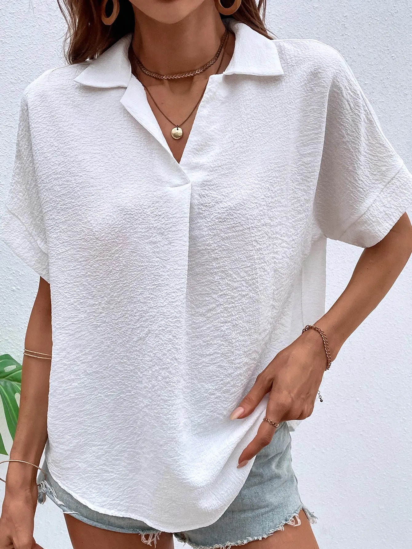 Ladies Solid Color Lapel Neck Blouse – Casual Batwing Sleeve Women Tops 👚✨