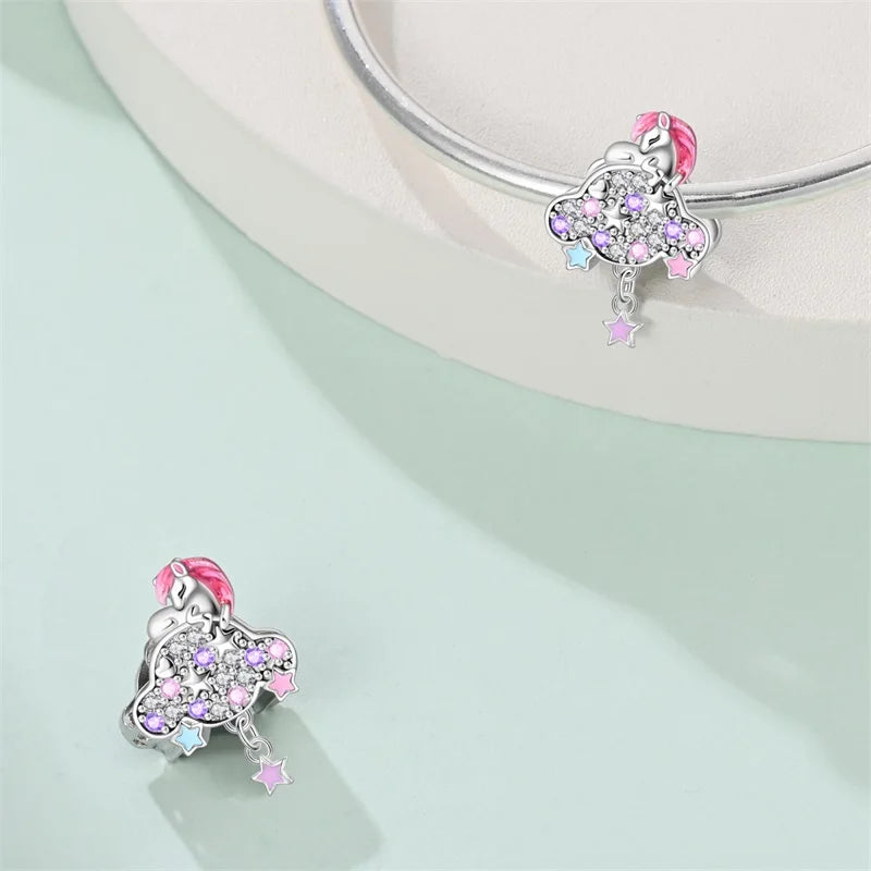925 Silver Plated Magic Mirror Princess Angel Pink Charm Beads | Fits Original Pan 925 Bracelet | Exquisite DIY Jewelry