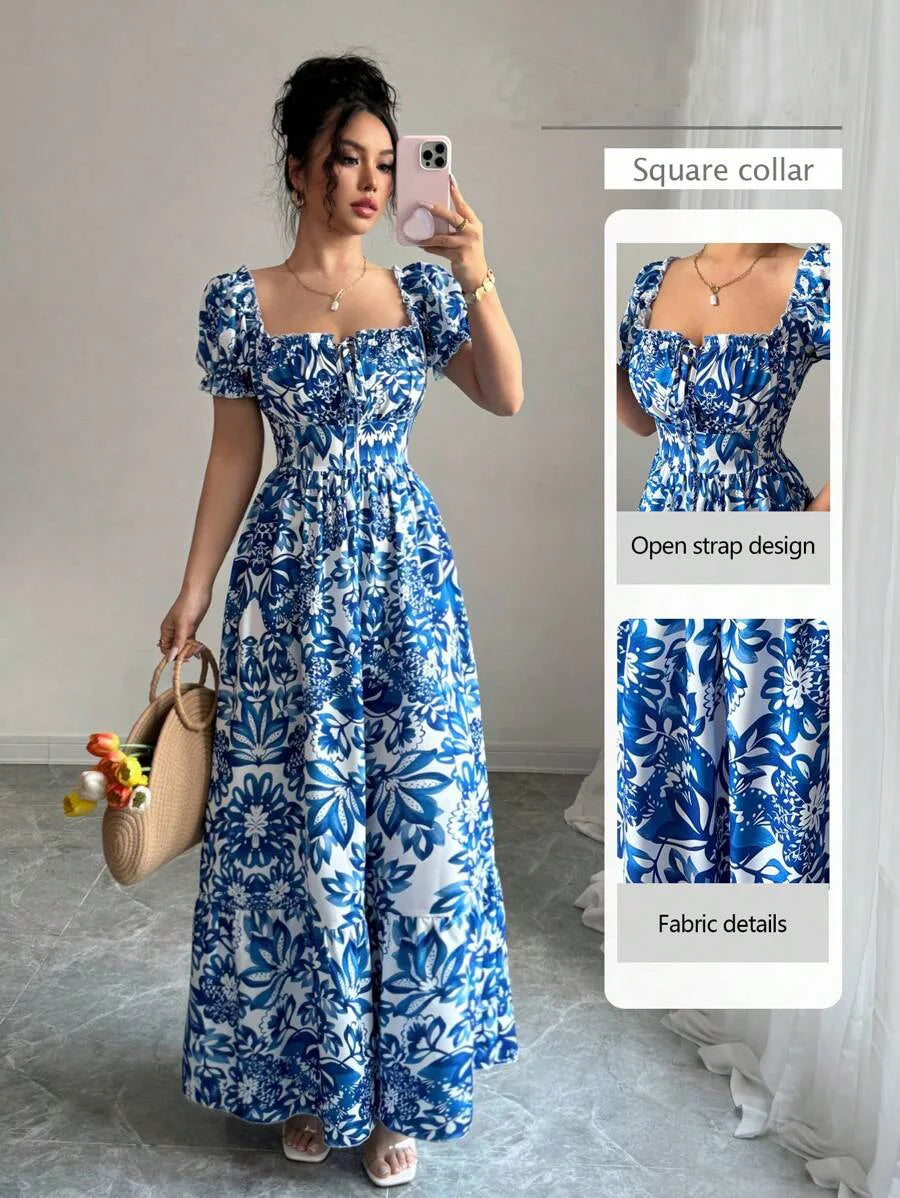 Elegant Women’s Floral Print Bubble Sleeve Dress – Blue Long Dress with Front Tie, Back Gathered Waist | Casual Vacation Dress