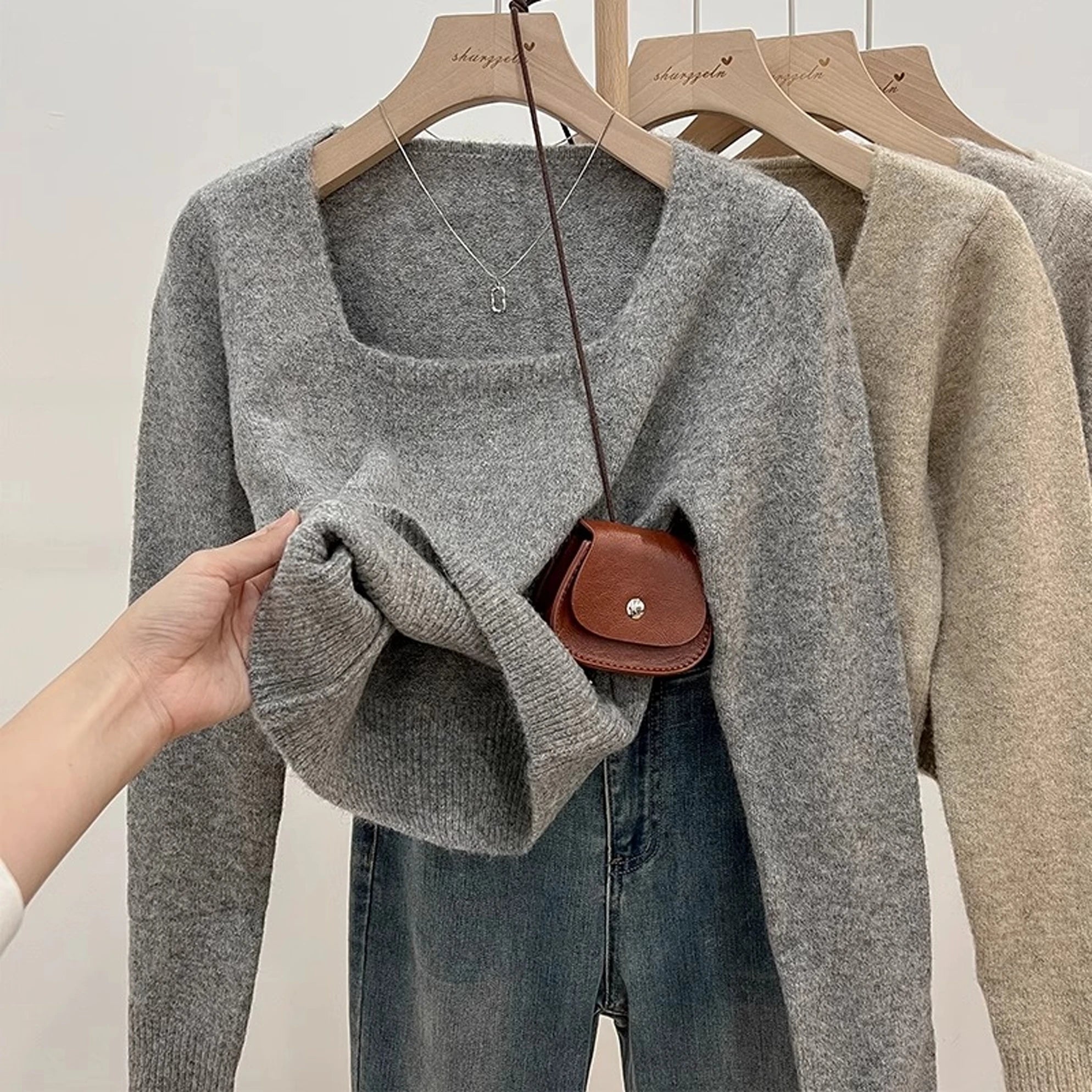 ✨ Soft Short Knitted Sweater Top for Women 🍁 Square Collar Slim Fit | Autumn Winter Inner Base Shirt 👚